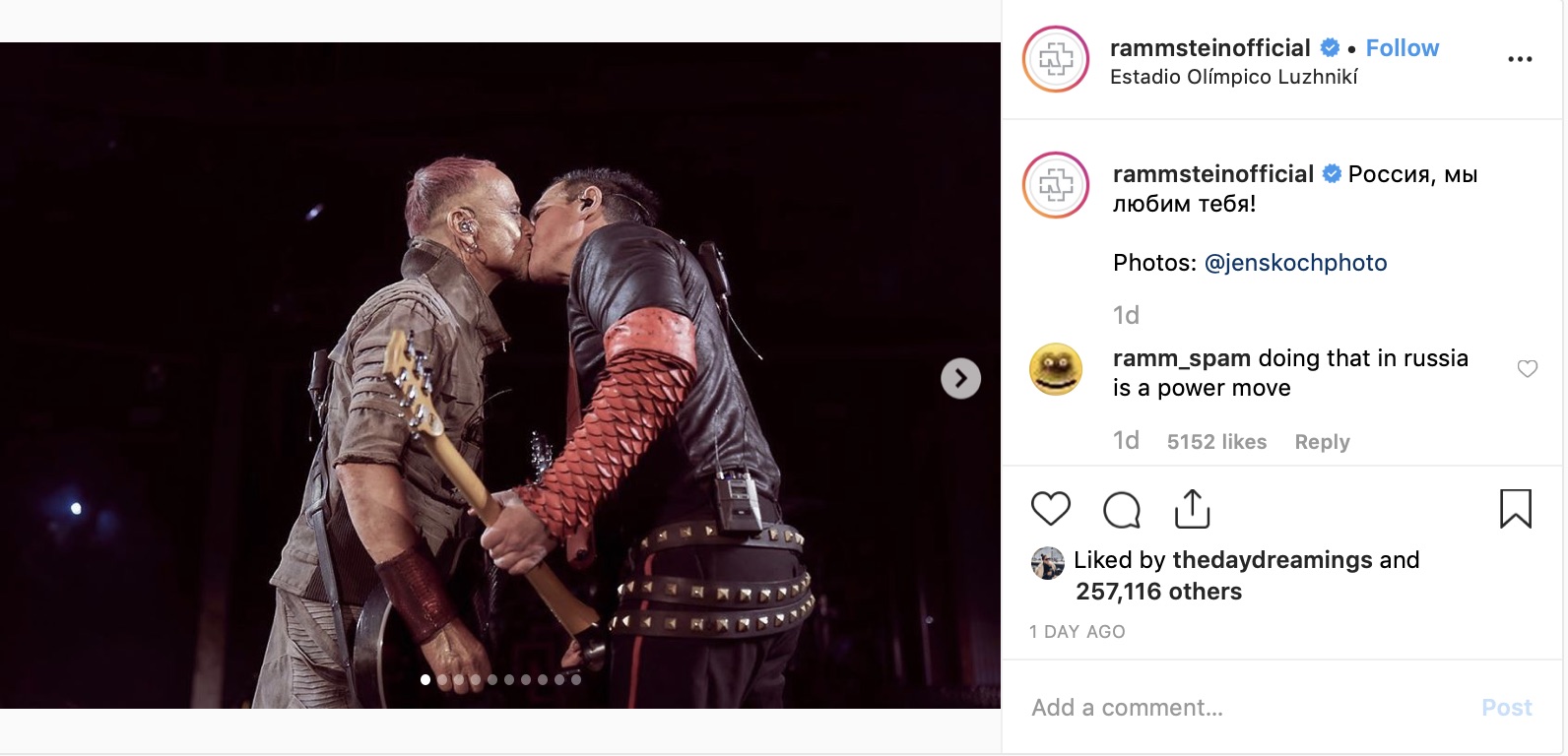 Rammstein Share Same Sex Kiss At Moscows Biggest Music Venue In Solidarity With LGBTQ Community
