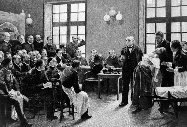 Jean-Martin Charcot demonstrating hysteria in a hypnotised patient at the Salpêtrière Hospital. BeLatina 