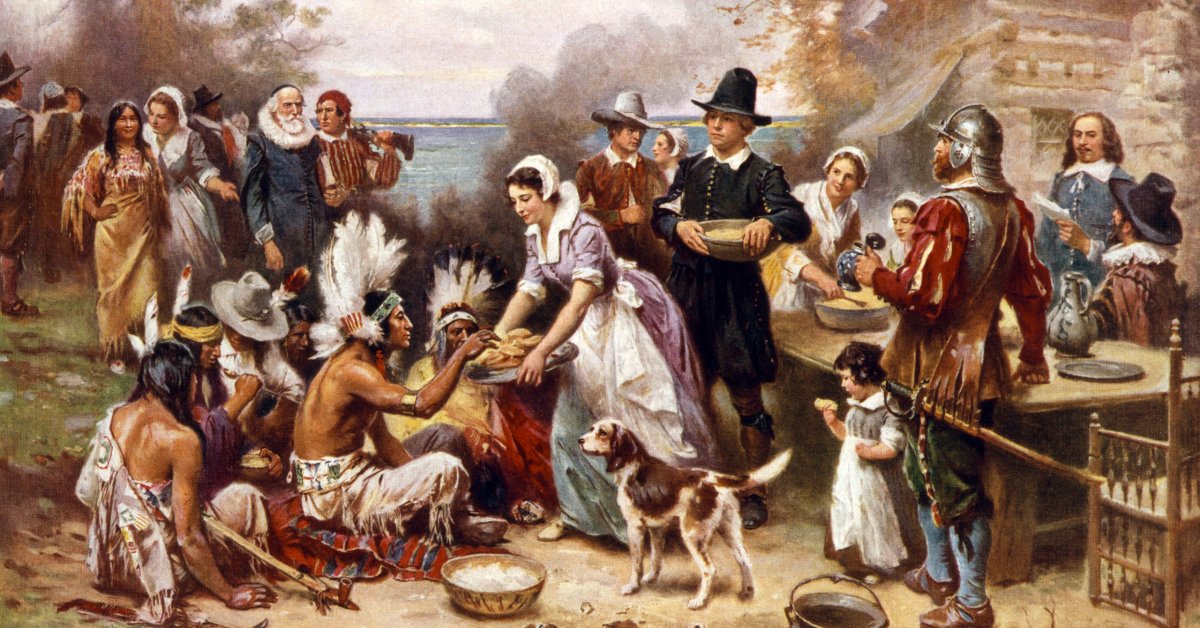 The first Thanksgiving 1621 . Pilgrims and Natives gather to share meal. BELatina