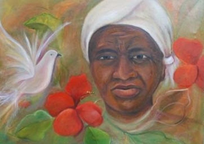 Painting of Mamá Tingó wearing white scarf on head surrounded by bright red flowers and a white dove.